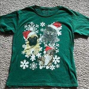 Fifth Sun Green and Red Cat Christmas T-Shirt
